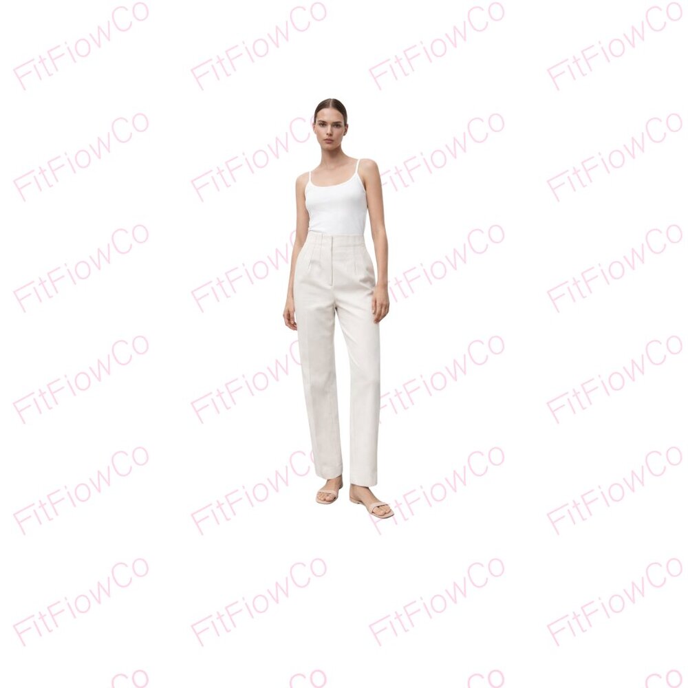 ZARA Beige High Waist Tailored Straight Leg Trousers Pants Size L